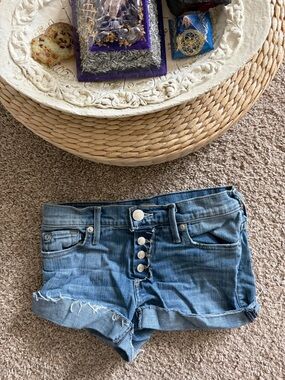 TRUE RELIGION - Blue Denim Button-Fly Frayed Hem Shorts